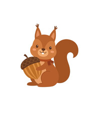 Obraz premium A cute cartoon brown squirrel with a fluffy tail holding a large striped acorn, wearing a small red scarf, on a white background.