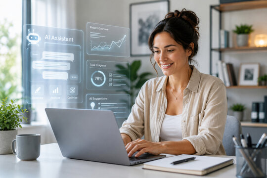 Woman Using AI Assistant While Working on Laptop in Modern Home Office