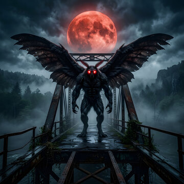 Mothman Cryptid Under a Giant Red Moon on an Abandoned Bridge