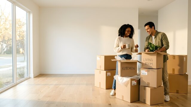 Happy multi-ethnic couple unpacking boxes in their new home, surrounded by moving boxes and plant.