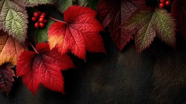 Close-up of vibrant fall foliage with red and green leaves and berries against a dark backdrop