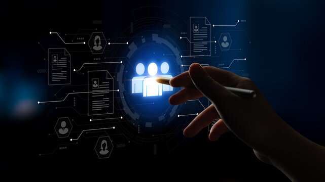 Concept of a digital human resources platform for workforce management. An applicant tracking system helps in team building by organizing employee and candidate profiles. Fermion