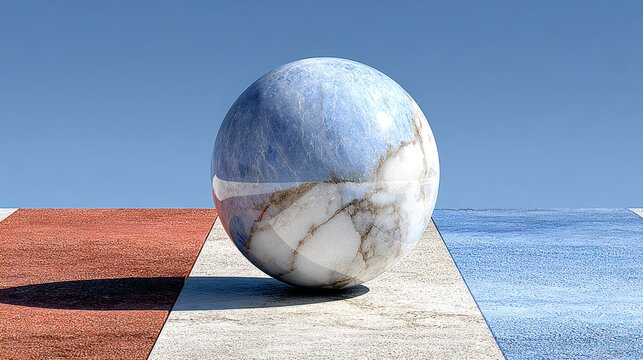 A marble sphere rests atop a striped, textured surface under a clear sky
