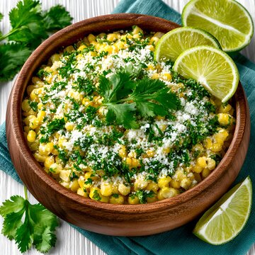 Mexican street corn salad, esquites, in a wooden bowl with lime slices and cilantro