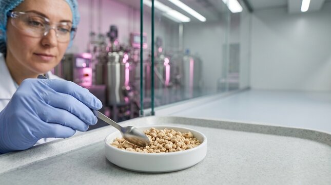 Food scientist assesses cultured protein powder at a lab bench