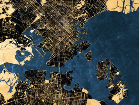 Baltimore, Maryland map poster &ndash; golden details framing blue waters