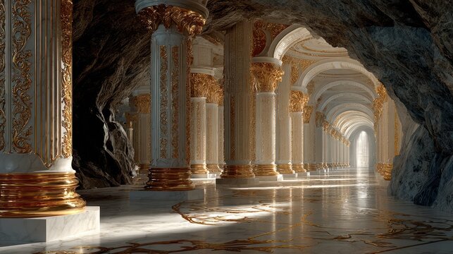 Opulent, sunlit, palatial corridor with grand columns carved from marble and gold