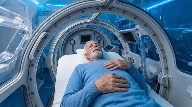 Senior man receiving treatment in a hyperbaric oxygen chamber