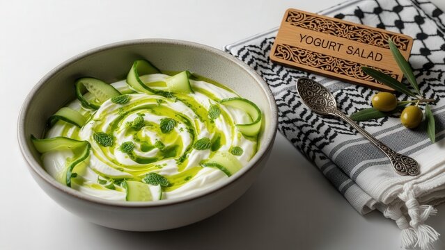 Gourmet khiyar bi laban yogurt cucumber salad with mint oil, elegant traditional presentation with cool white copy space