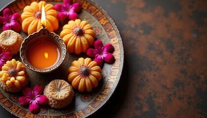 Fototapeta premium Indian festival decor with vibrant sweets, candles, and flowers arranged on decorative plate for celebration. Indian festival setup includes colorful sweets, flickering candle,
