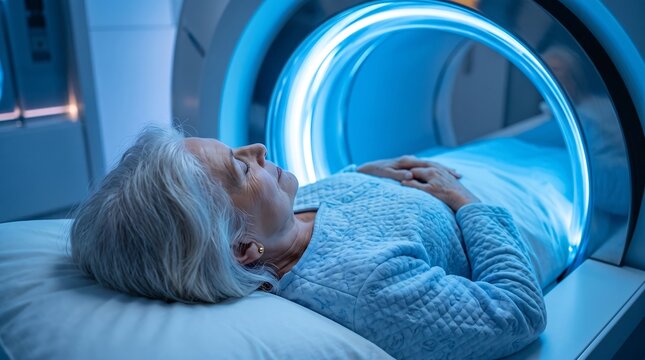Senior female patient undergoing hyperbaric oxygen therapy in clinic