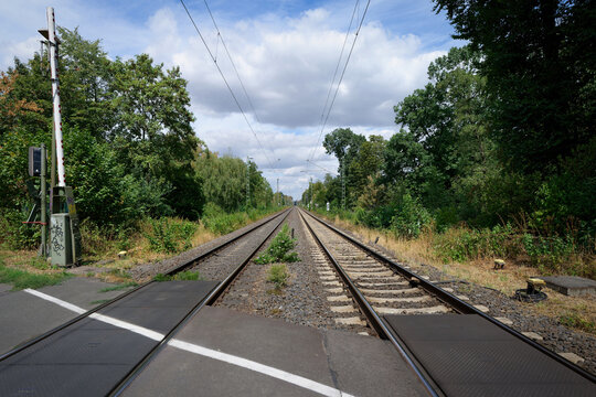 Central perspective of two railway tracks at an open level crossing. Rails, overhead lines and barrier surrounded by green trees.