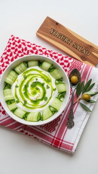 Gourmet khiyar bi laban yogurt cucumber salad with mint oil, elegant traditional presentation with cool white copy space
