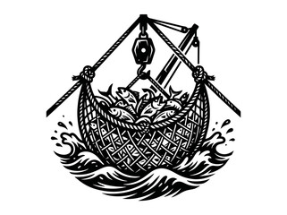 Obraz premium Fishing Industry: Crane Lifting Full Fish Net with Catch from Ocean Waves - Black White Woodcut Style Illustration