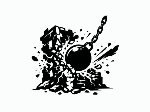 Demolition Wrecking Ball Destroying Brick Wall Black and White Glyph Vector Illustration