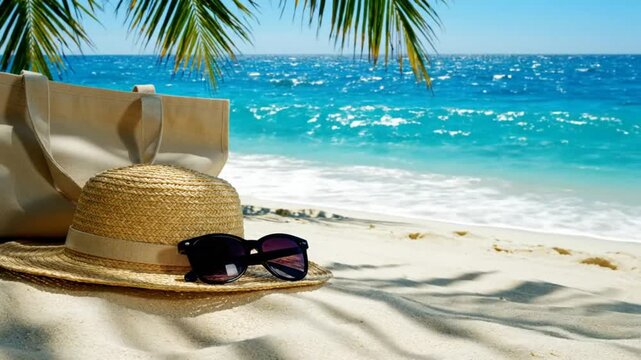 Tranquil beach scene with straw hat, sunglasses, and tote bag on sun-kissed sands with blue ocean waves