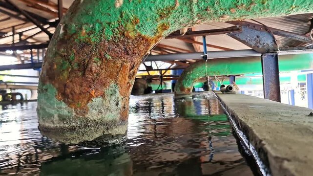 Close up of a heavily rusted and corroded green metal pipe submerged in an industrial wastewater treatment tank.