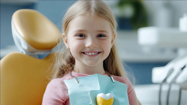 Brightly smiling child sits in dental chair. Blue protective bib covers her chest. White tooth model rests on bib. Clean, modern clinic background visible. Soft focus highlights her joyful expression
