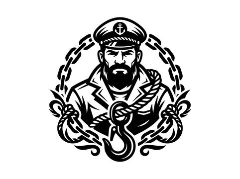 Nautical Sea Captain Mascot Black and White Illustration with Anchor, Rope, Chain, and Hook Emblem Design
