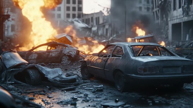 This is a digital of a devastated cityscape following an apocalypse or disaster, with broken buildings, burning rubble, and abandoned cars. The setting conveys a sense of desolation and destruction.