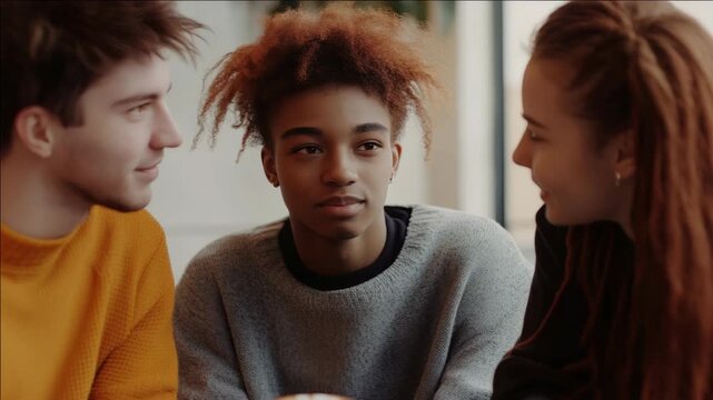 Three young people sit together, chatting casually. One person wears a yellow sweater. Another has curly red hair and a gray sweater. The third has long brown hair and smiles slightly