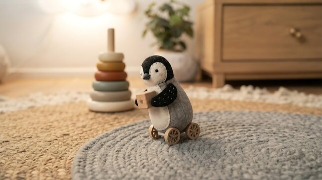 Cute Penguin Toy and Stacking Rings on a Rug.