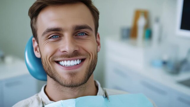 A young adult male is smiling broadly in a dental chair during an appointment. He has clean teeth and well-groomed facial hair, indicating good oral hygiene.