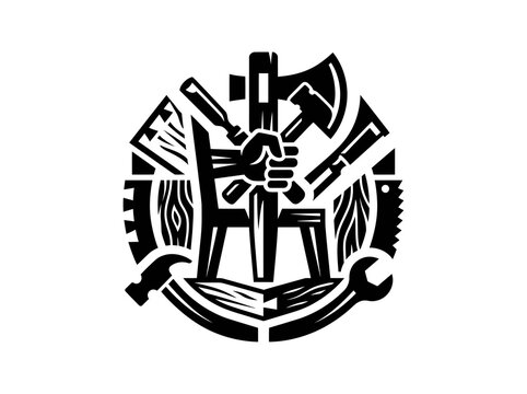 Black and White Emblem of Woodworking Tools and Hand Tools