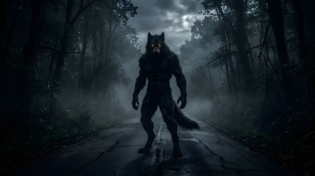 Terrifying Dogman Creature With Glowing Eyes on a Foggy Forest Road