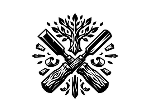 Monochromatic Woodworking Emblem with Crossed Chisels, Stylized Tree, and Wood Chips Vector Art