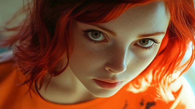 A close-up of a young girl with vibrant red hair and a slight flush on her cheeks. She has large, expressive eyes and appears to be gazing off to the side.