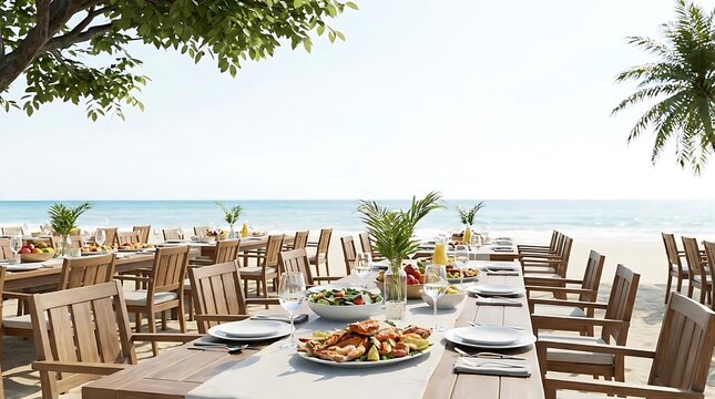 A scenic oceanfront dinner banners setting featuring a long wooden table decorated for an elegant tropical outdoor party on a pristine white sandy beach