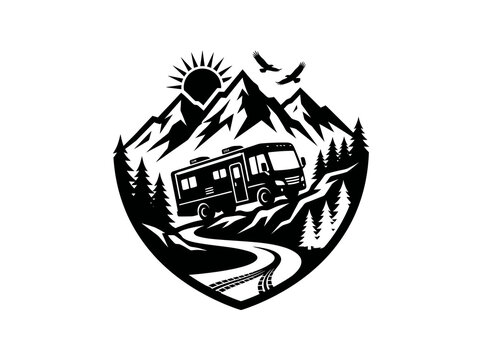 Black  White RV driving on mountain road, camping, nature travel adventure