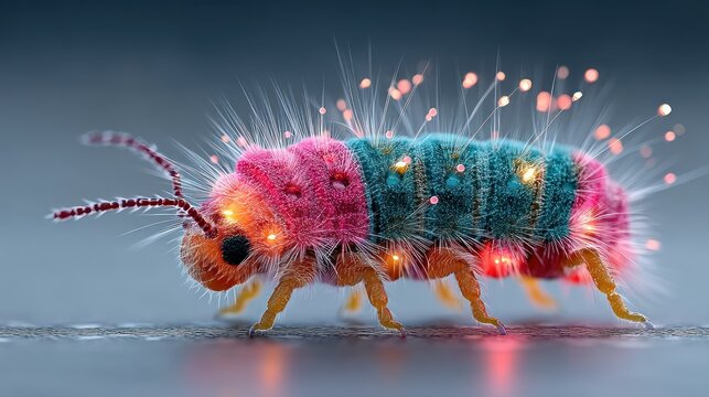 A fantastical, colorful, fluffy, six-legged creature with glowing sparks