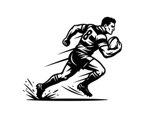 Fototapeta premium Rugby Player Running with Ball - Dynamic Black and White Line Art Vector Illustration