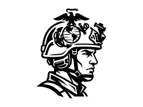 Black  White Vector Illustration of US Marine Corps Soldier in Combat Helmet with EGA Emblem