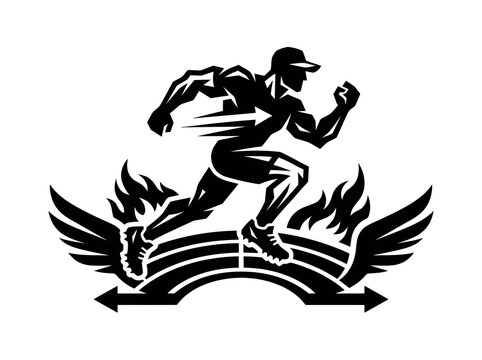 Black and White Dynamic Glyph of Athlete Running with Fire Wings over Bridge - Sports Competition