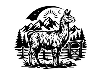 Fototapeta premium Black and White Llama in Mountain Landscape Silhouette Art