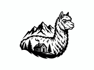 Fototapeta premium Black and White Silhouette of Llama with Mountains and Cabin, Vector Art