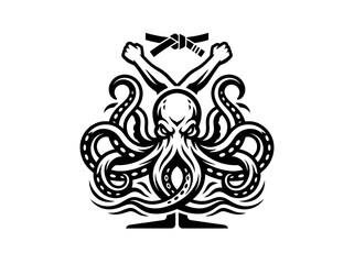 Fototapeta premium Black and White Octopus with Martial Arts Belt and Fists Vector