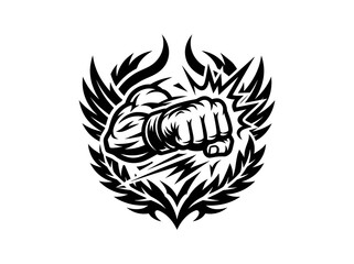 Fototapeta premium Black and White Line Art Muscular Arm Fist with Impact Burst and Tribal Crest Logo for Martial Arts Fitness