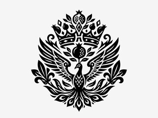 Fototapeta premium Black and White Peacock Emblem with Crowns and Pomegranates - Heraldic Symbol