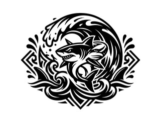 Obraz premium Tribal Shark Wave Design Black and White Vector Art