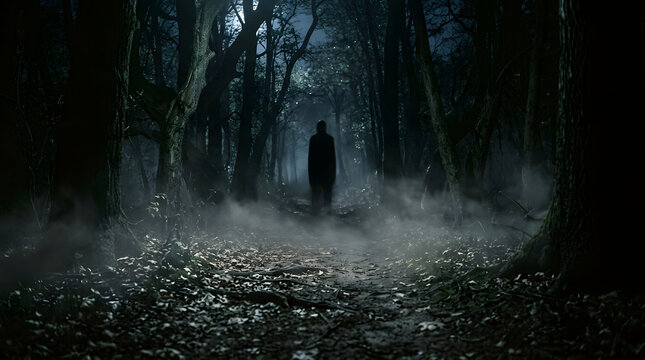 Mysterious Dark Humanoid Silhouette Watching From a Misty Forest
