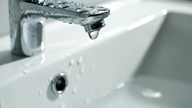 A hand turns on a modern chrome faucet in the bathroom