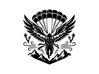 Fototapeta premium Black and white emblem of a winged person with parachute and mountains