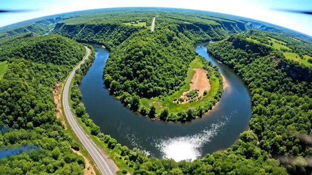 Aerial view of a winding river flowing through a lush green forest landscape with a road