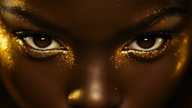 Golden sparkles shimmer across dark, expressive eyes. Close-up captures striking gaze and radiant makeup detail. Deep brown skin contrasts with glittering gold accents