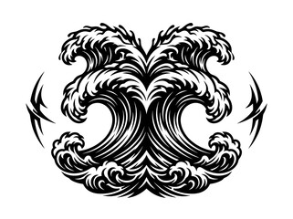 Fototapeta premium Black White Symmetrical Ocean Waves Tribal Vector Graphic Art for Watersports Surf Culture