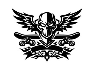 Fototapeta premium Black and White Winged Skull Skateboard Emblem - Vector Art